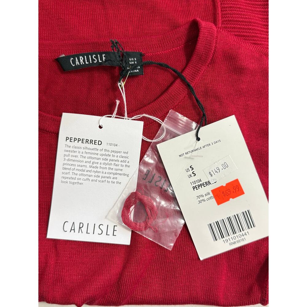 NWT Carlisle Women’s Crewneck Sweater Pepper Red Silk Cotton Ribbed Size S - Picture 7 of 10